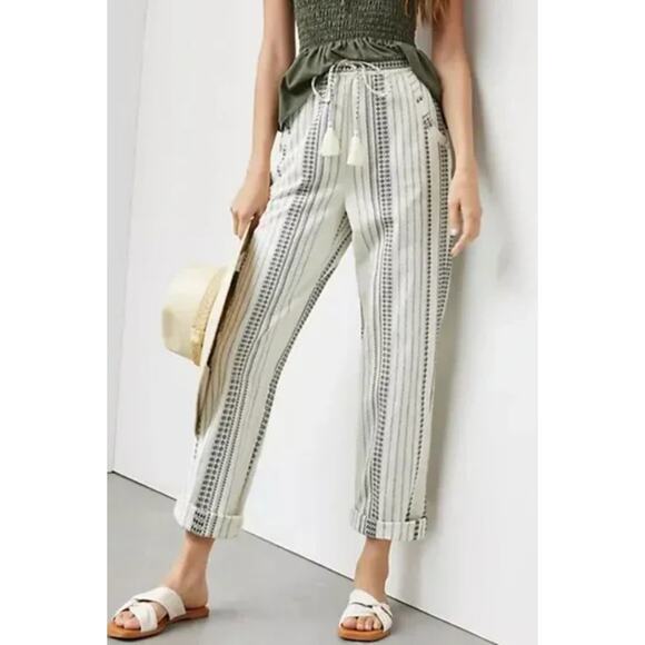 Anthropologie Pants - Anthropologie Beach Trousers White Embroidered Striped Pants Size Small
